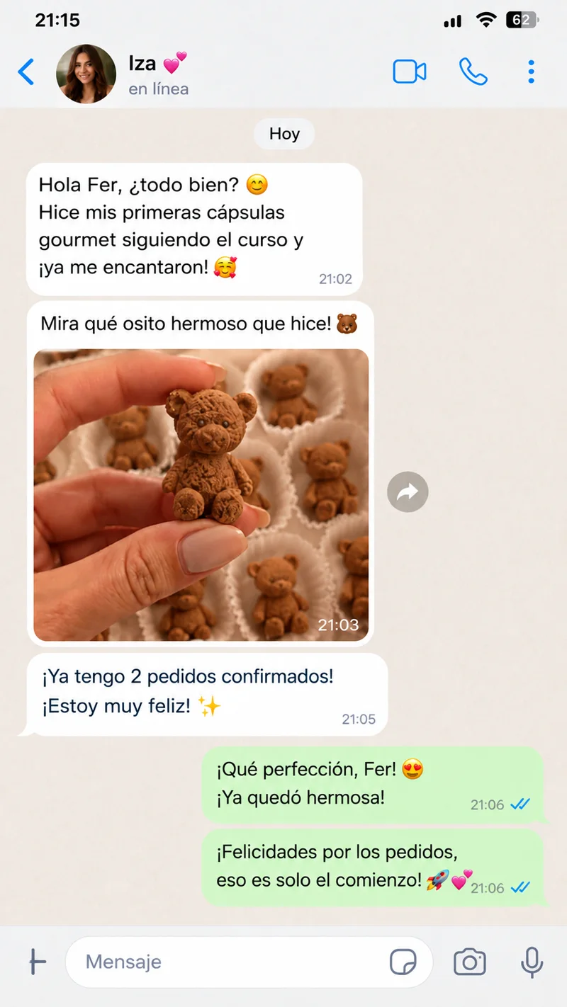 Mensaje de una alumna mostrando sus ositos de café