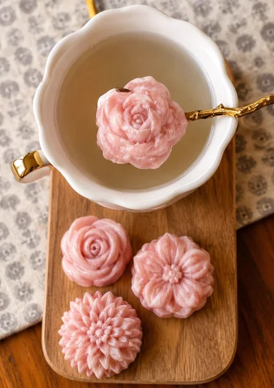 Cápsula de té en forma de rosa en una taza